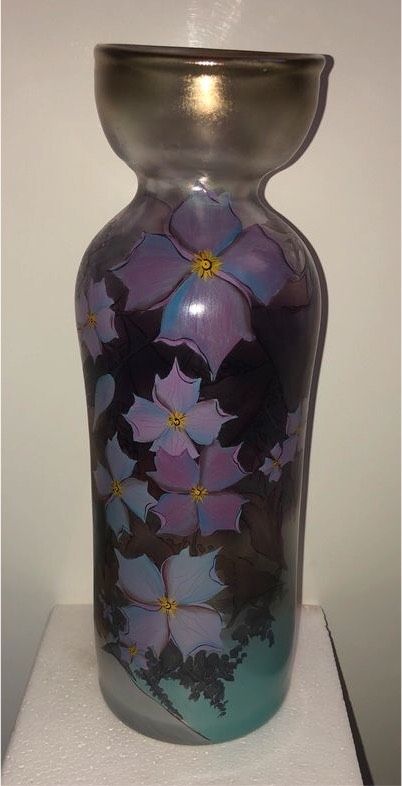 Bemalte Erwin Eisch Glas Vase Jugendstil, signiert 92 in Brunn Kreis Regensburg