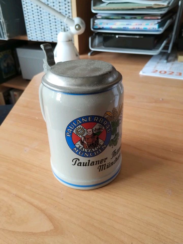 Steingut Bierkrug Paulaner Thomasbrau München mit Zinndeckel in Haltern am See