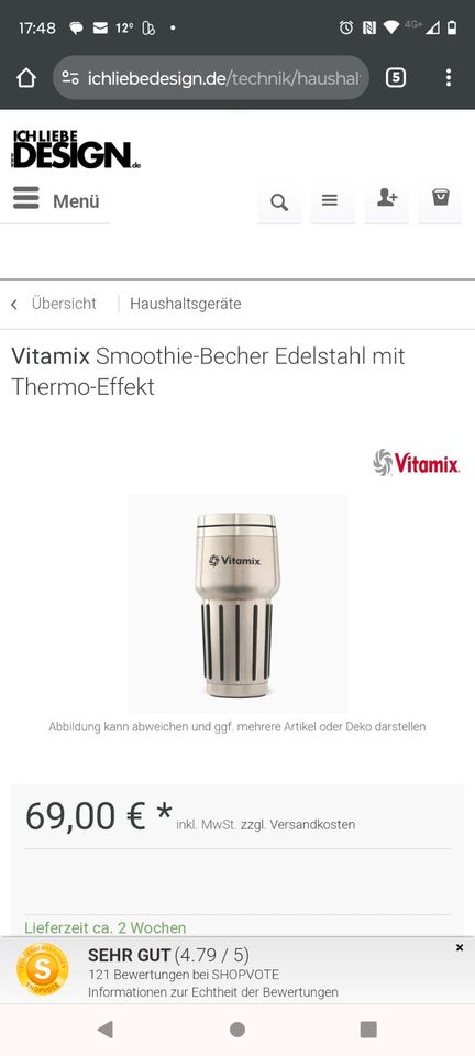 Vitamix Smoothie Becher mit Thermo Effekt Edelstahl in Mühlenbecker Land
