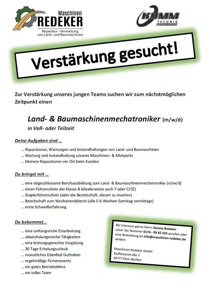 Land- und Baumaschinenmechatroniker gesucht! Schlosser Mechaniker Job Stellenangebot Stellenanzeige Teilzeit Vollzeit in Klein Berßen