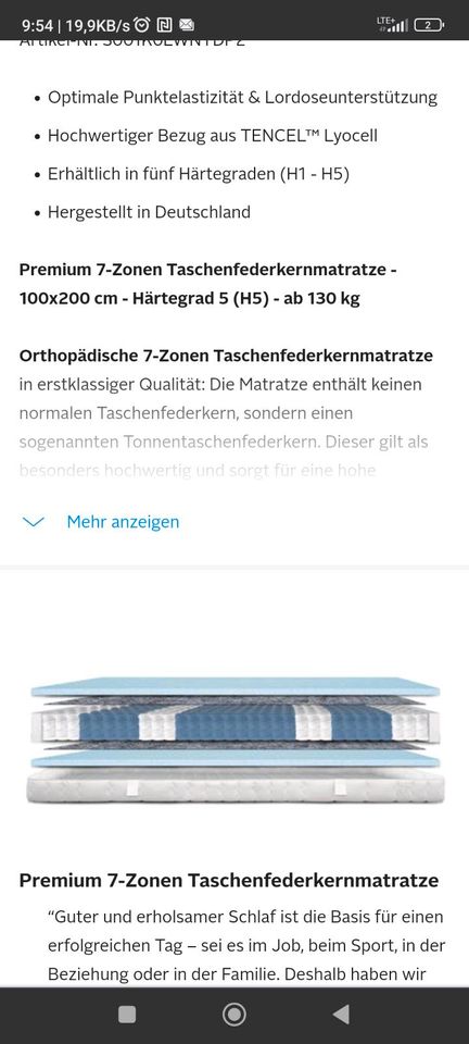 NEUE Matratze 1x2m H5(130bis 250kg!!) - NP 315€ in Kreuzau