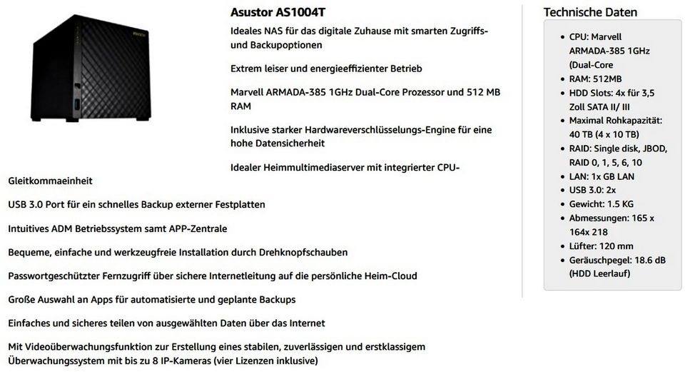 ASUSTOR AS1004T – eleganter, leiser, sicherer Cloud-Speicher/NAS in Amberg