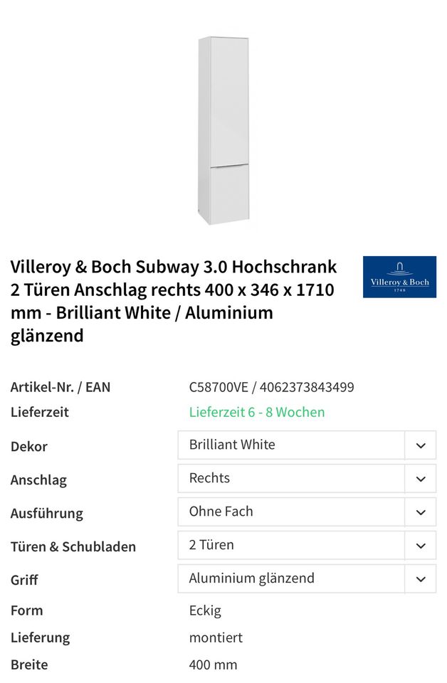 Villeroy & Boch Subway 3 Hochschrank neu in Buchholz in der Nordheide