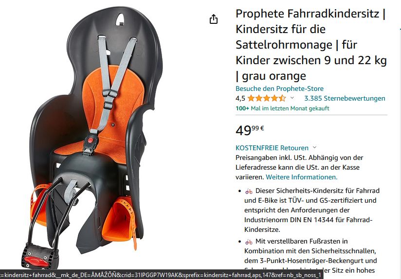 Prophete Fahrradkindersitz | Kindersitz für die Sattelrohrmonage in Vettweiß