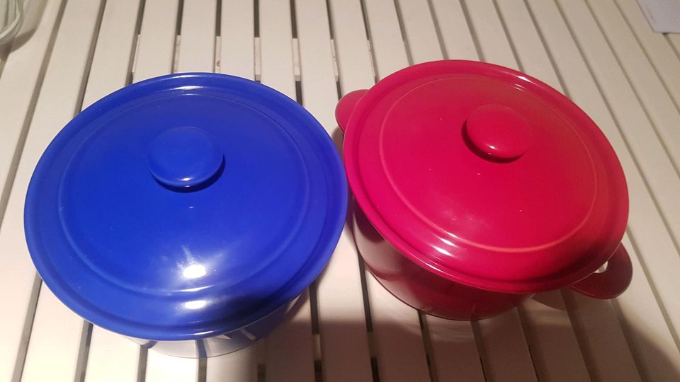 Töpfe klein Zwiebelsuppe 2 Stück rot blau Deckel shabby in Himmelpforten