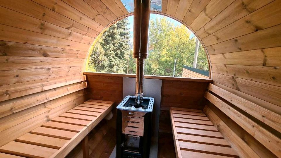 Sofort startklar & fertig montiert Fasssauna mit Holzofen Saunafass Garten Sauna Harvia Saunatonne Haus Fassauna Badezuber Hot Tub Kamin Badefass Brennholz Feuertonne Tiny House Fass Gartenhaus mobile in Erfurt