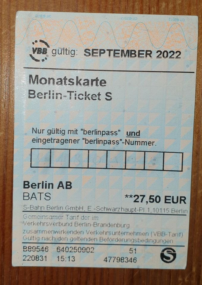 Berlin Ticket S September 2022 Monatskarte Monatsticket in Berlin
