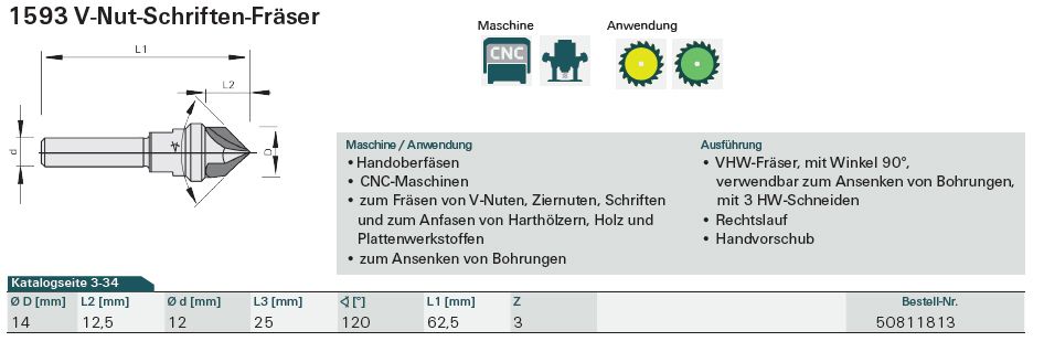 V - Nut-Schriftenräser 14x12,5, S 12, HW, Oberfräse/CNC in Kempten