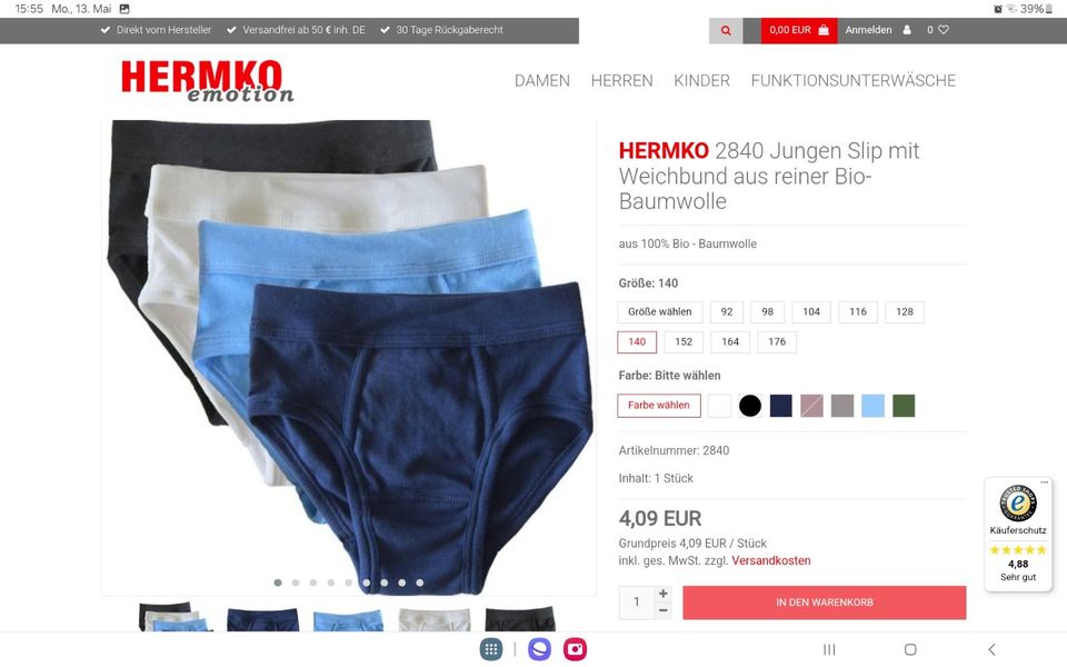 Hermko Jungen Slip aus Bio-Baumwolle in Bergheim