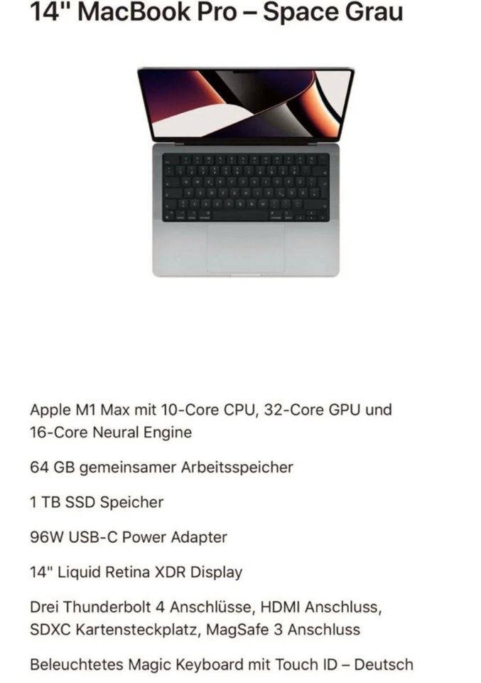 Apple MacBook Pro 14 M1 Max 10CPU, 32GPU, 64GB RAM, 1TB SSD in Waldshut-Tiengen