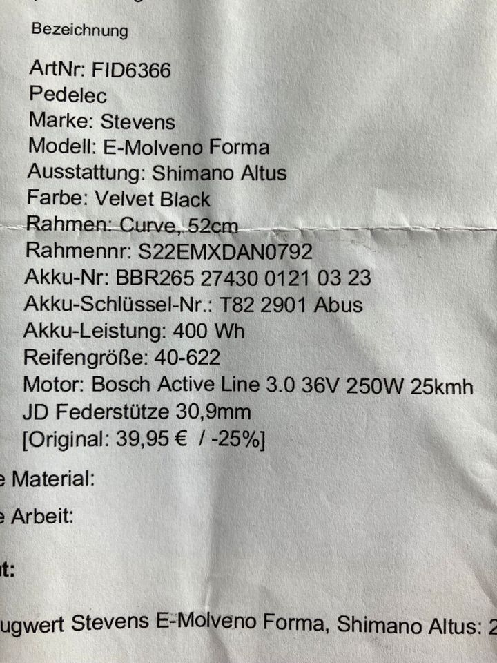 E-Bike Stevens Molveno Forma neuwertig in Schwalmstadt