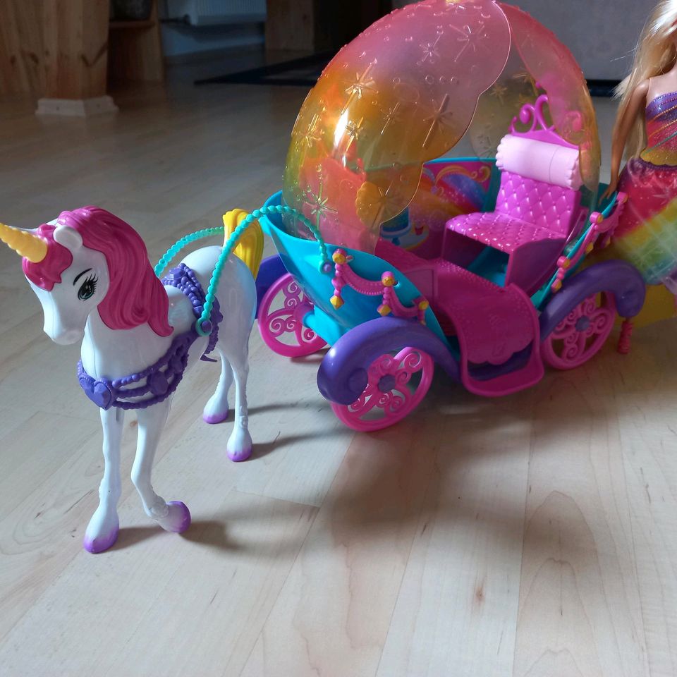 Barbie Regenbogen Prinzessin,Einhorn mit Kutsche in Billigheim