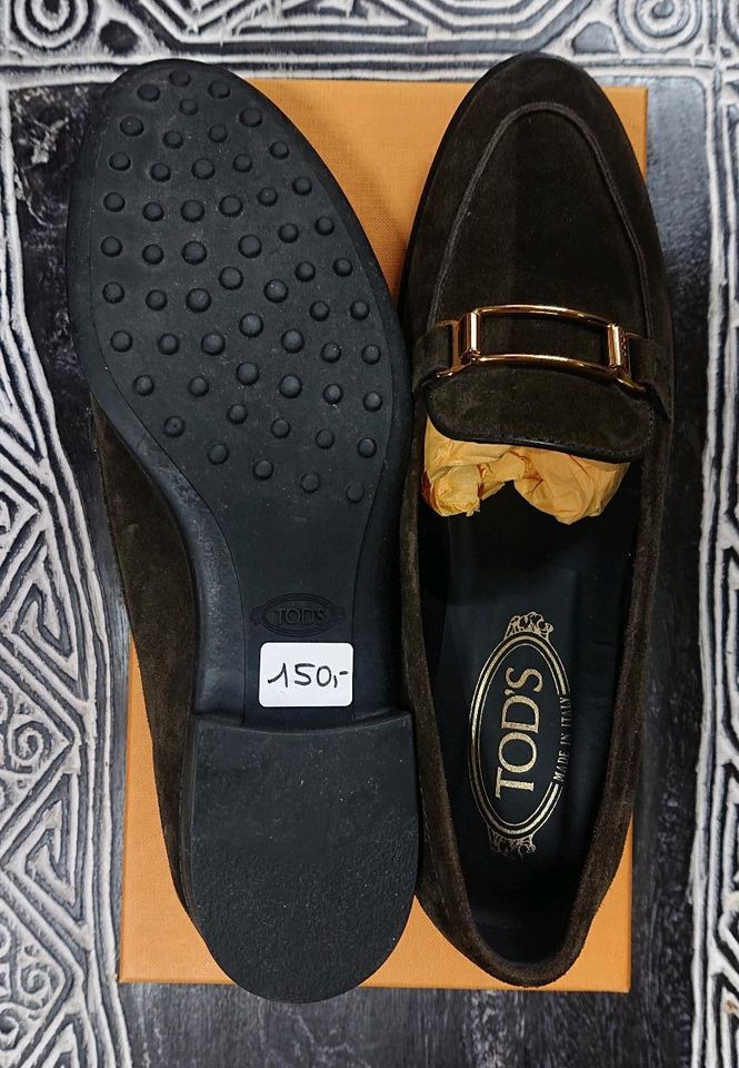 TOD'S Loafer Mokassins Slipper Schuhe Wildleder dunkelgrün 38 NEU in Kleinblittersdorf