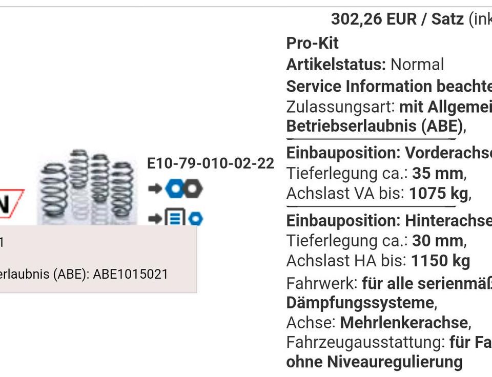 Eibach Tieferlegungsfedern mit ABE Audi, Seat, Skoda, VW in Ehekirchen