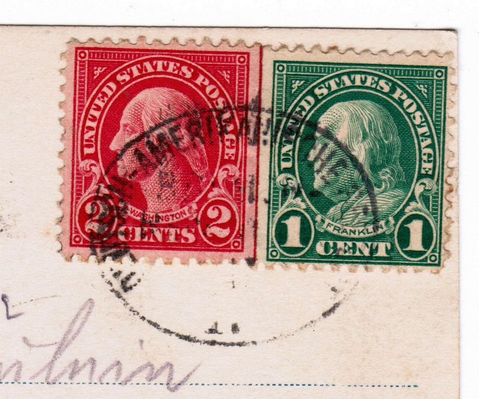 Briefmarke, stamp, George Washington 2 Cent auf AK in Heidelberg