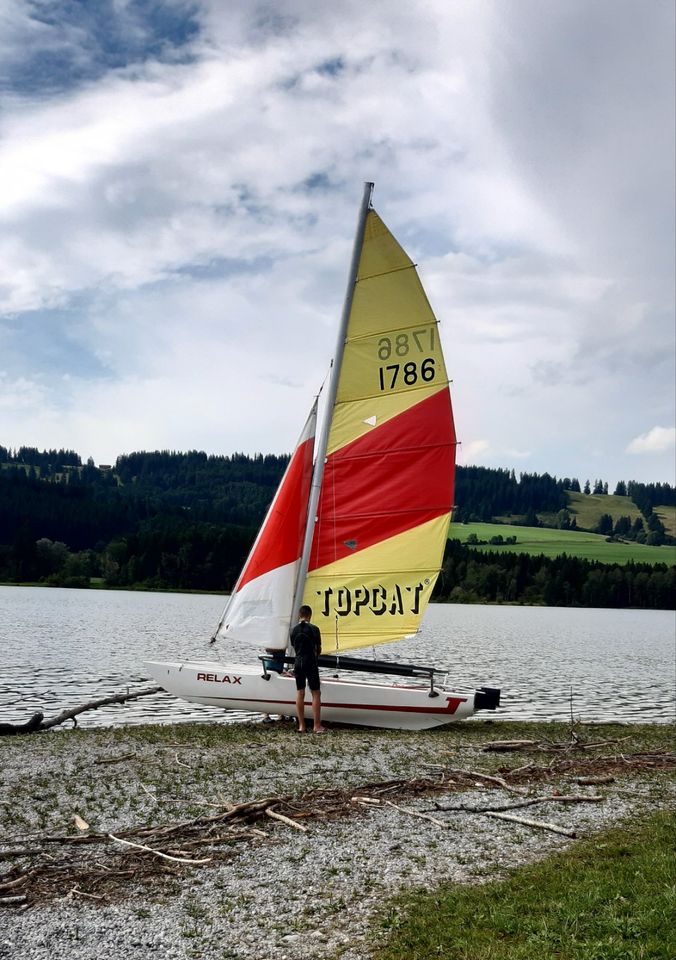 Katamaran Topcat F2 mit Ausleger und Slipwagen in Schlat