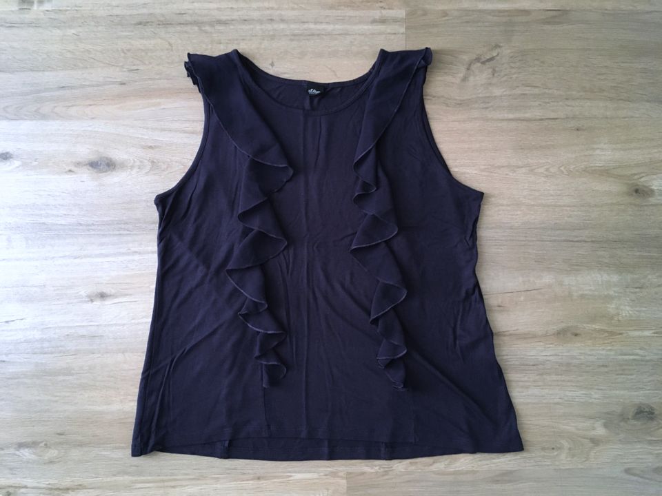 s.Oliver Jerseytop mit Chiffon-Volants in Blau, Gr. 46 in Witten