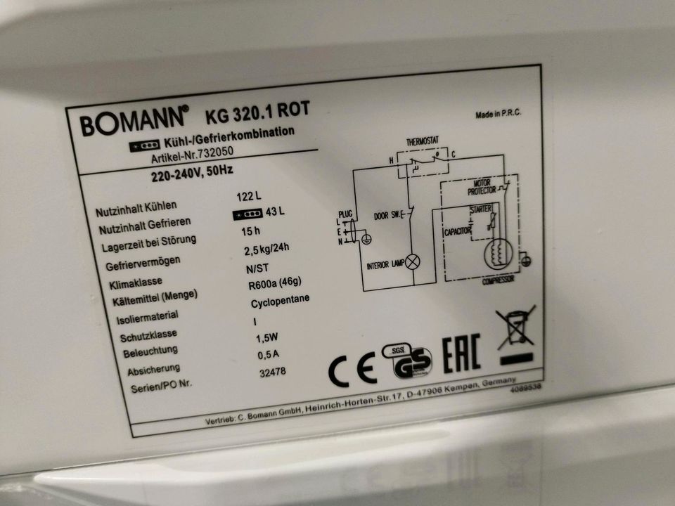 BOMANN KG 320.1 ROT  Kühl-/Gefrierkombination Kühlschrank in Quickborn