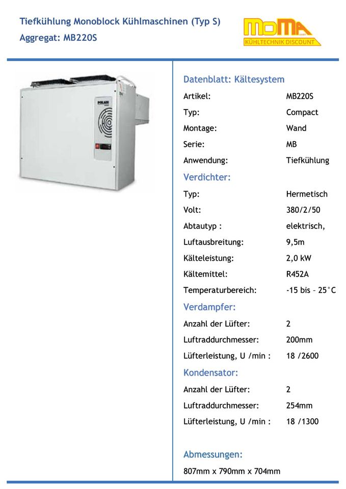 Neu Kühlaggregat MB 220 s / Huckepack - Aggregat für Tiefkühlzellen, Tiefkühlhaus bis 25m³ geeignet, Kälteanlage, Tiefkühlung, Tiefkühlaggregat, Kühlzelle , Wandaggregat, Stopfer Aggregat in Köln