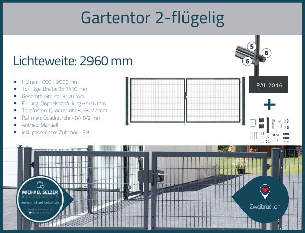 Garten Tor 2-flügel B: 3,00 m H: 2,00 m 6/5/6 f. Doppelstabmatten in Zweibrücken