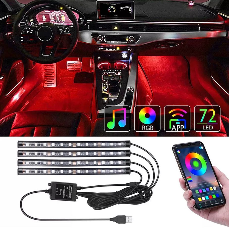 4x RGB LED Innenraumbeleuchtung Auto KFZ Ambiente Fußraum Licht in