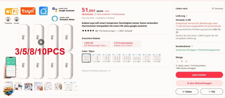 Tuya Wifi Smart Temperatur Sensor Google Home 10 Stück in Stuttgart