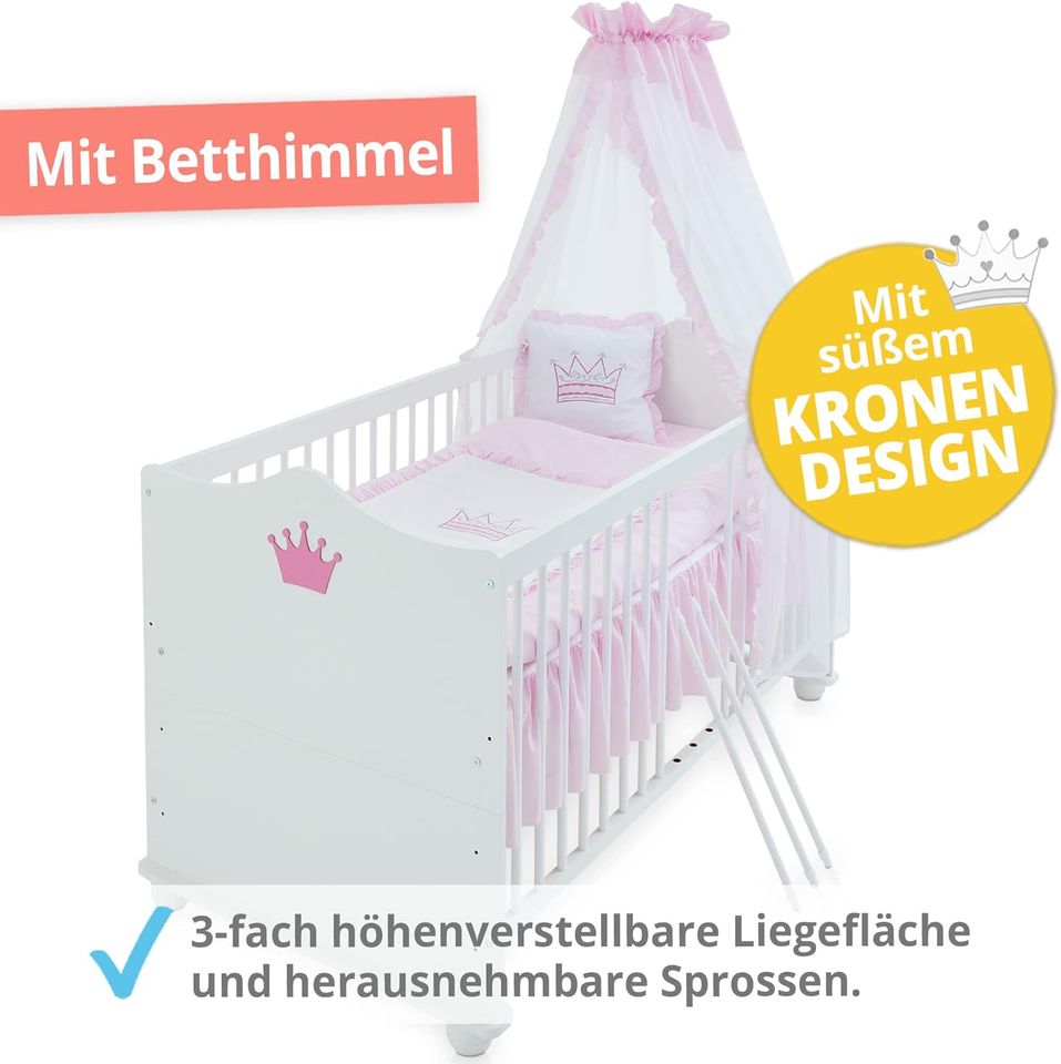 Krone Rosa Weiss Babybett Kinderbett  umbaubar 140/70cm in Ostbevern