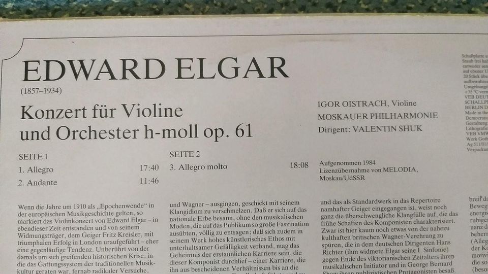 SCHALLPLATTE LP: Edward Elgar , Violinkonzert op.61 / I. Oistrach in Dresden