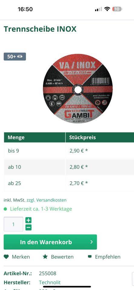 10x Gambit VA/INOX Trennscheiben 115x1.0x22.23 mm Neu. in Alsdorf