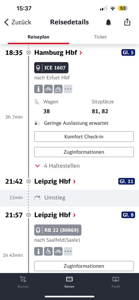 Bahnticket 2 Personen 1.klasse  31.5.24 , Schleswig - leipzig in Hütten 