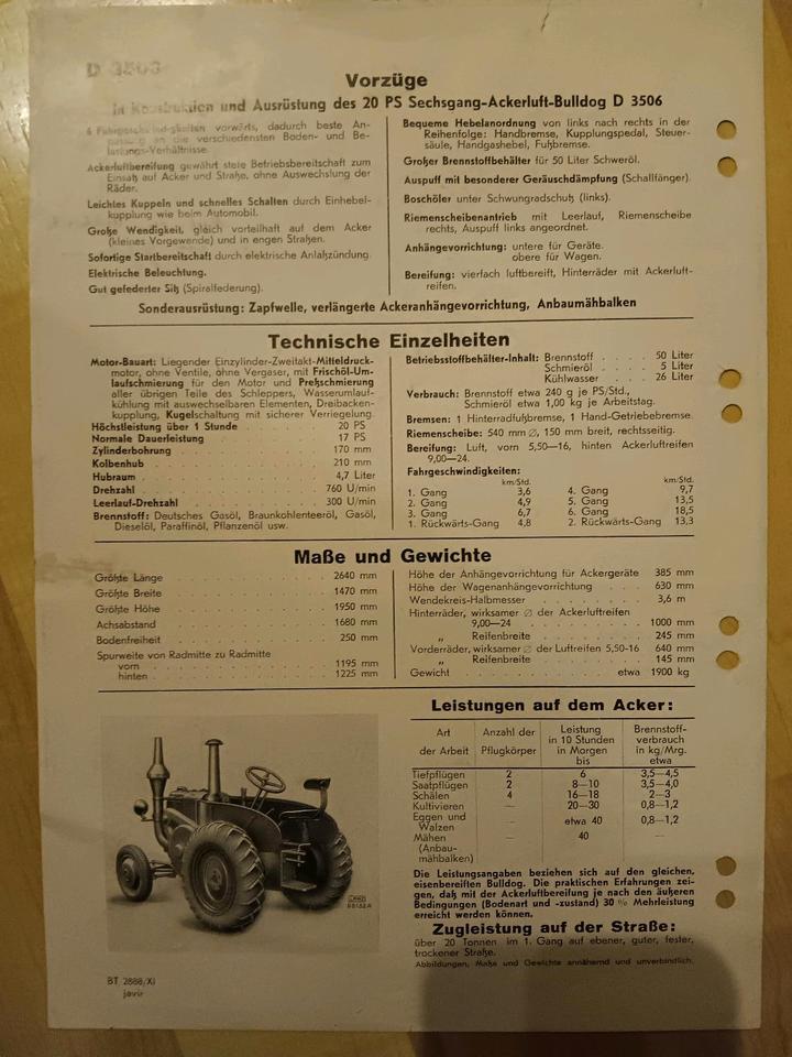 Lanz Bulldog Oldtimer Schlepper Traktor Prospekt Datenblatt in Erfurt