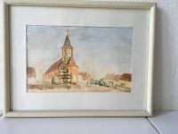 Aquarell: Karlsruhe Daxlanden, Kirche und Kirchplatz mit Rahmen, Baden-Württemberg - Karlsruhe Vorschau