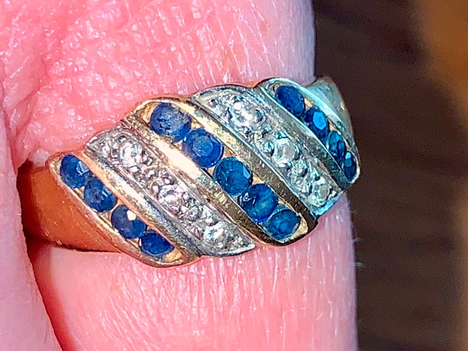 Ring Gelbgold 14 Kt 585er Gold, 6 Diamanten, 13 blaue Saphire in Gmund