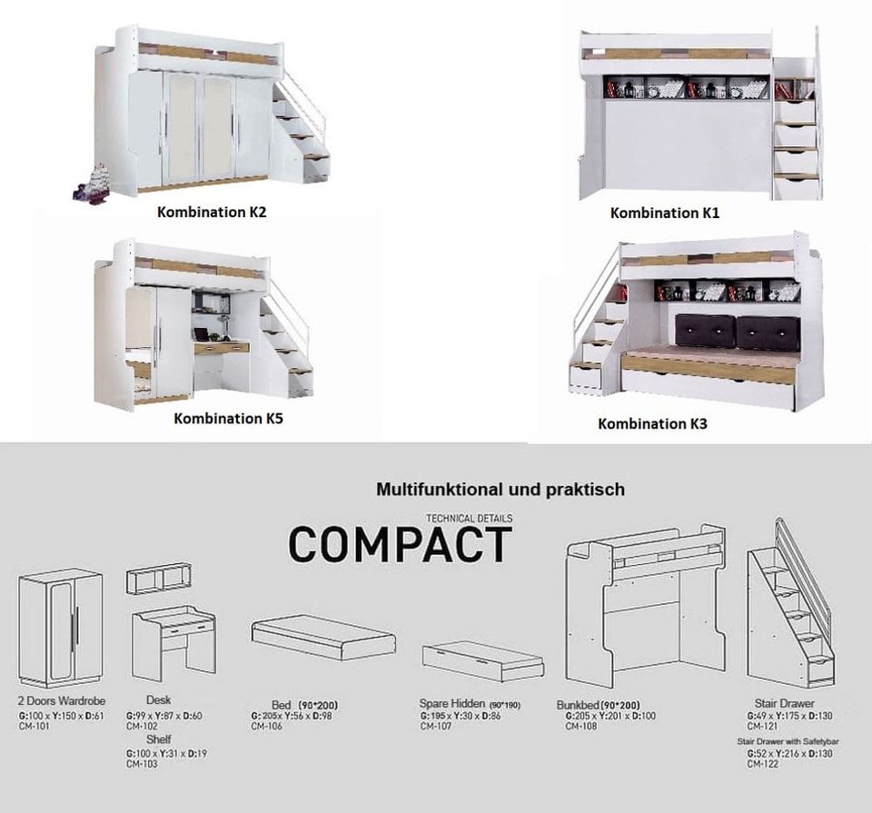 Kinderhochbett 90x200cm Compact natur K5 Schreibtisch, Schrank in Troisdorf