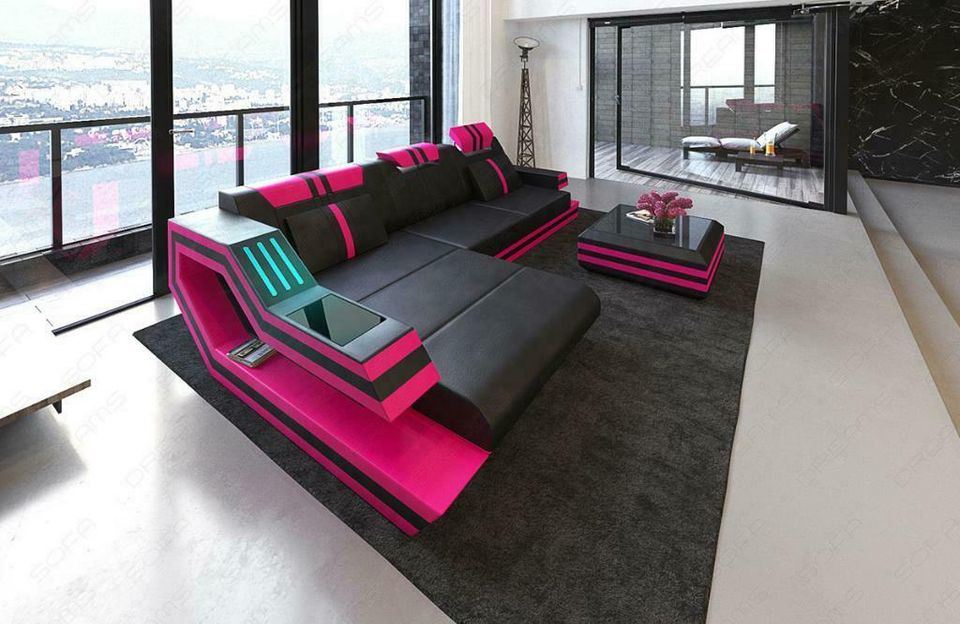 Ledersofa Ravenna L Form Ecksofa mit Ottomane LED Design Couch in Berlin