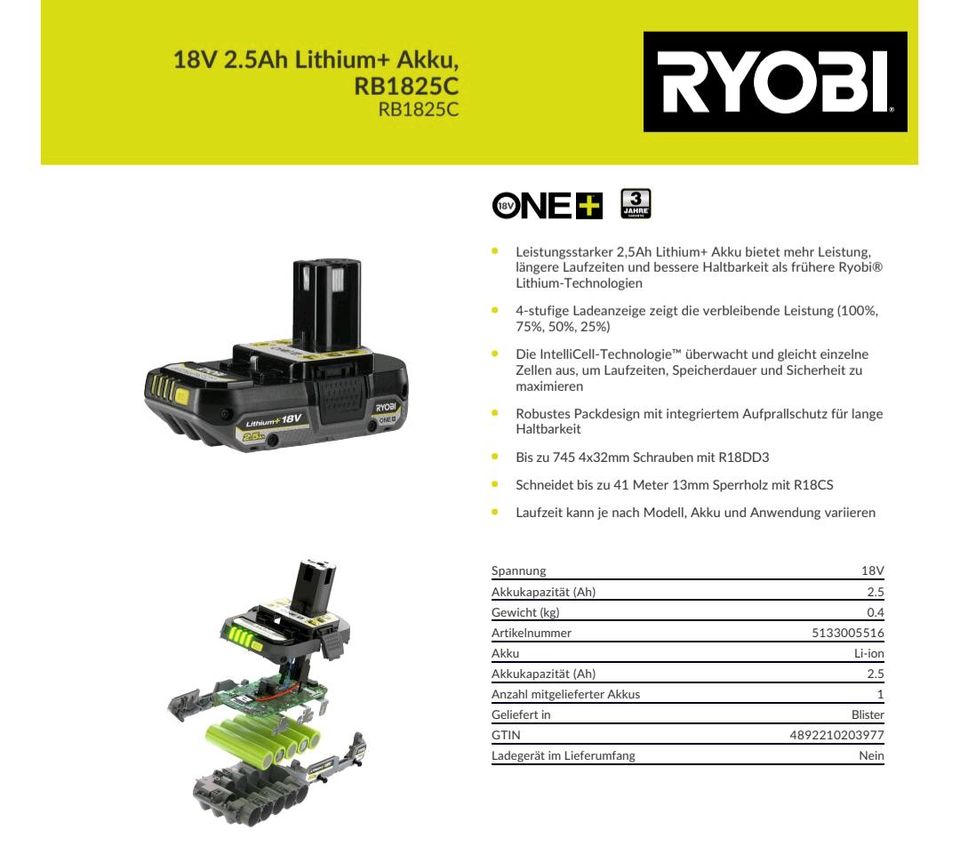 Ryobi ONE+ Akku RB1825C 2,5 Ah Neu in Bielefeld