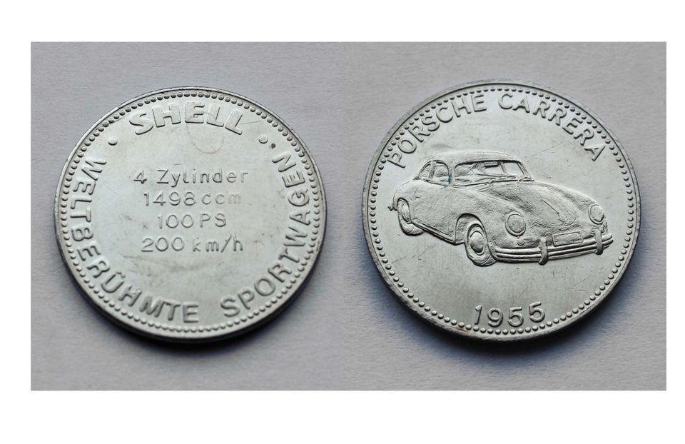 2x Shell Münze, Mercedes 300 SL 1954 + Porsche Carrera 1955 in Hamburg