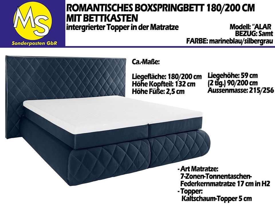 Boxspringbett Bett 180/200 +KSMatratze H2 +Topper Samt marineblau in Mettingen