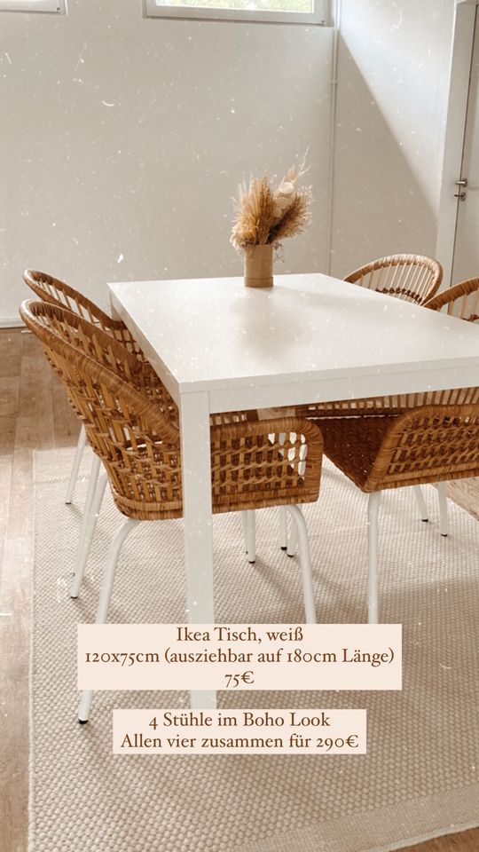 Ikea Tisch (Vangsta) weiß + 4 Stühle (Nilsove) boho in Emmendingen