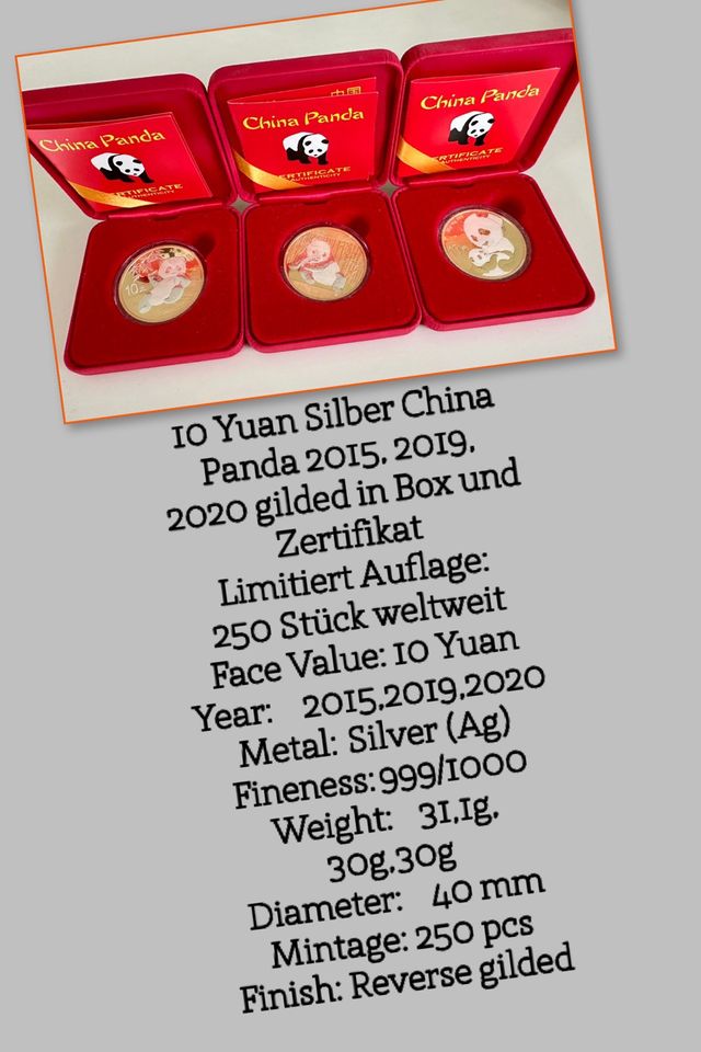 10 Yuan Silber China Panda 2015, 2019, 2020 gilded, Aufl.  250 in München