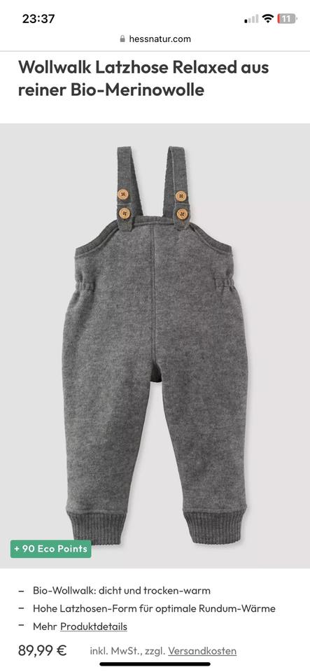 Hessnatur Latzhose Hose Wollwalk Schurwolle grau Gr. 86/92 in Hasenmoor