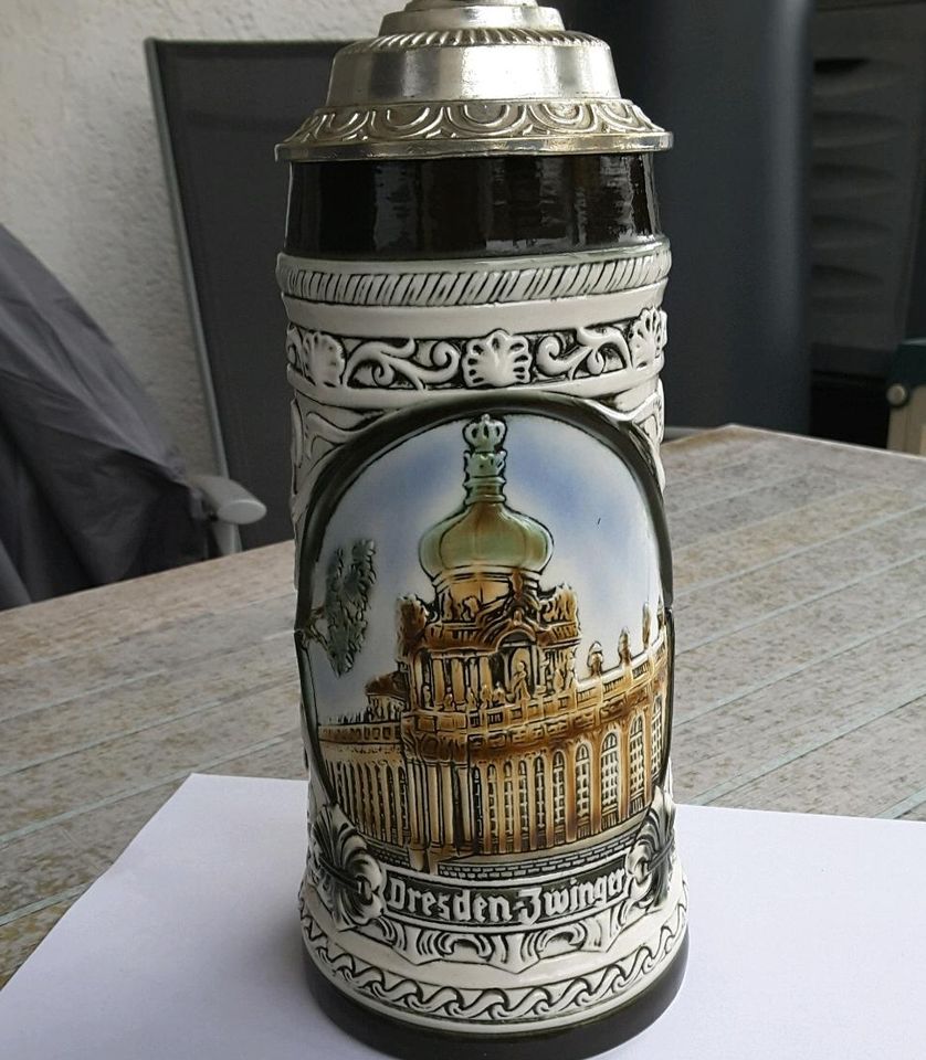 Dresden Zwinger Bierkrug mit Zinndeckel Vintage nie benutzt in Bönnigheim