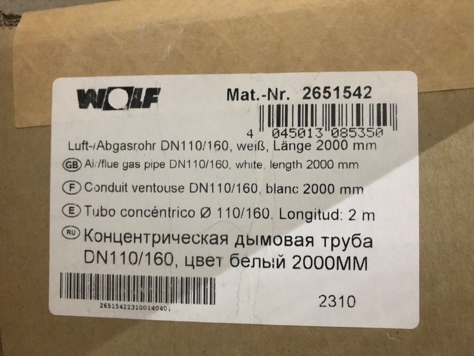 Wolf Luft-Abgasrohr DN110/160 2,0m - NEU/OVP in Heubach