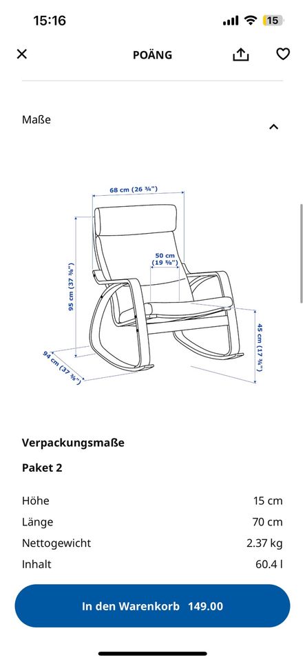 Neuwertiger Ikea poäng Schaukelstuhl muss diese Woche weg! in Nürnberg (Mittelfr)