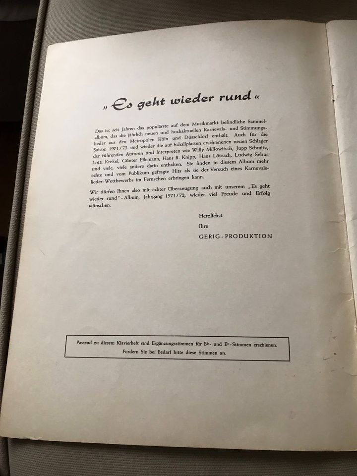 Notenheft, Lieder zur Saison 1971/72, Karnevalslieder, Noten in Köln