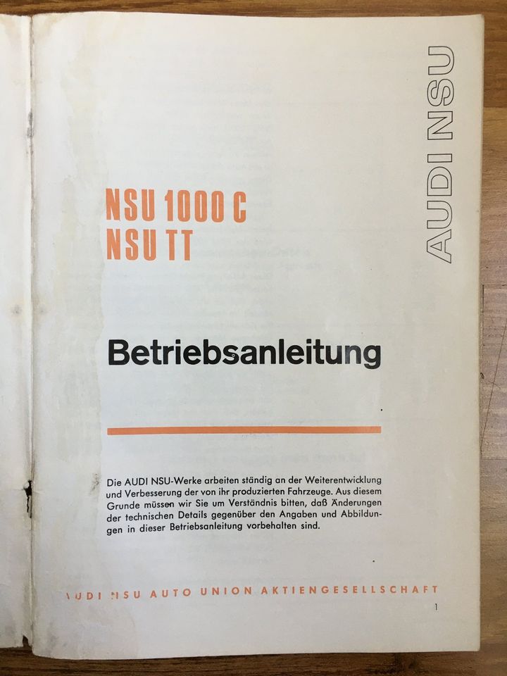 1971 NSU 1000 C TT Betriebsanleitung deutsch gedruckt 1.71 in Kassel