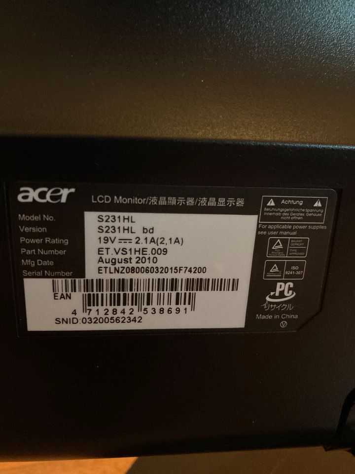 Acer Monitor S231HL, 23 Zoll in Hamburg