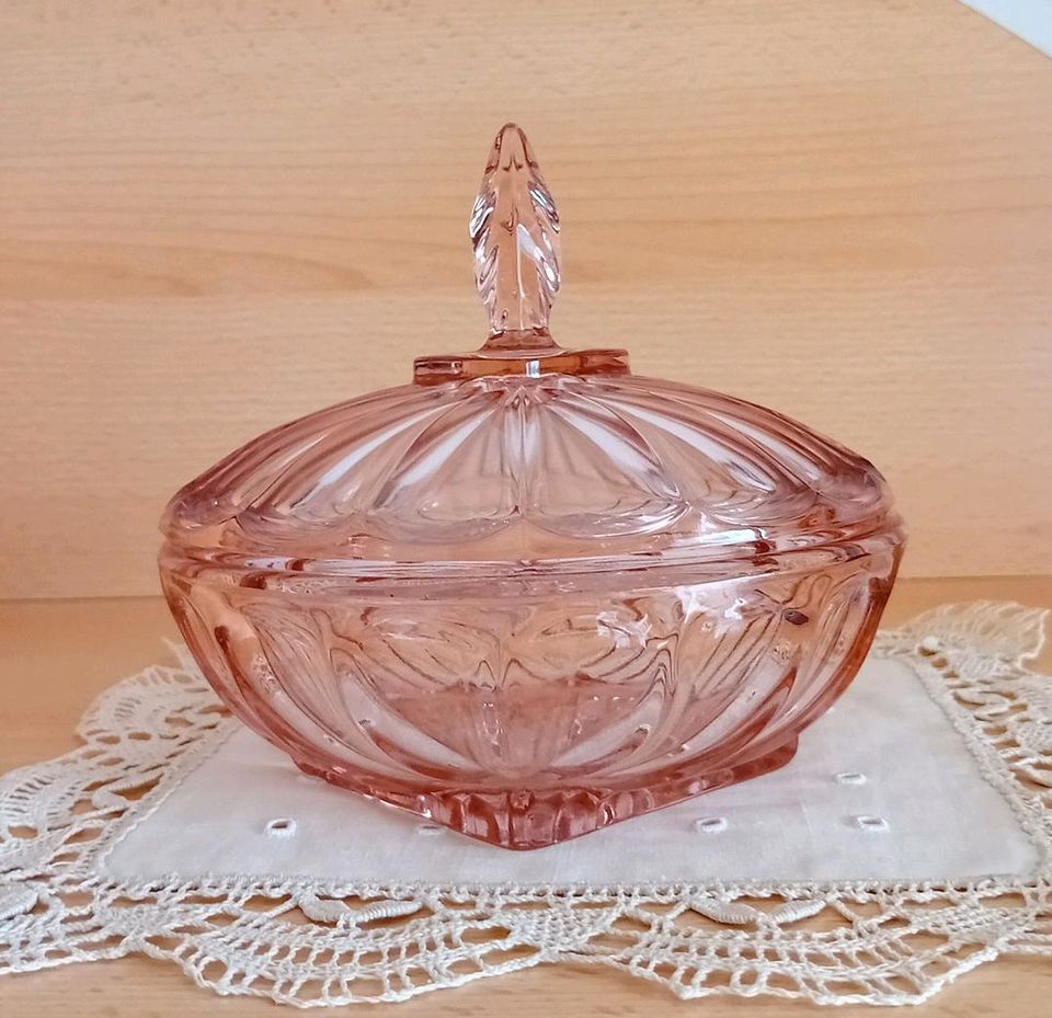 ✔️Rosalin Bonboniere rosa Glas Dose mit Deckel Retro Art Deko in Lengenfeld Vogtland