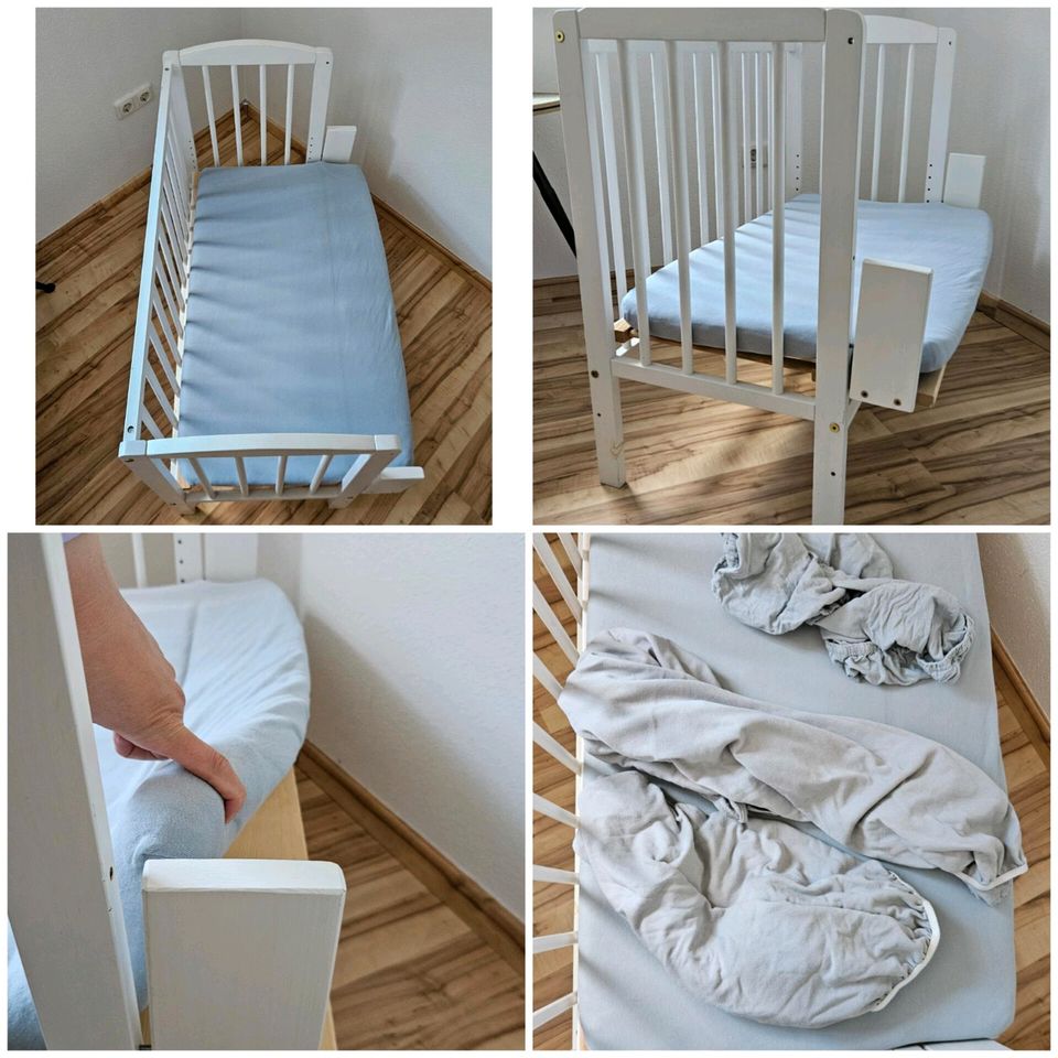 Beistellbett / Wiege mit Überbrückung, Matratze, Bettlaken in Tiefenbach