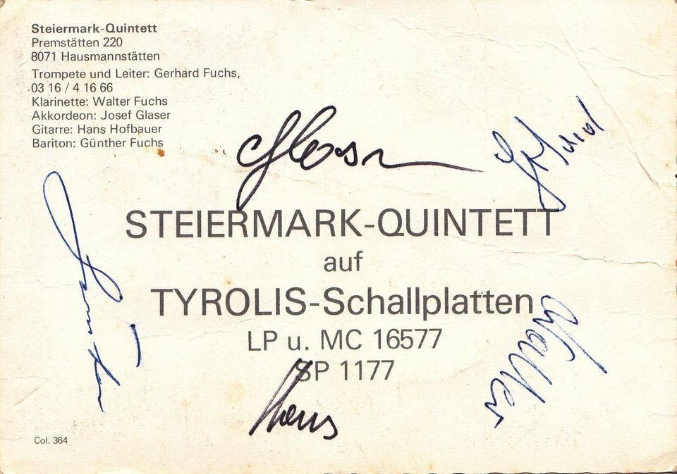 Autogrammkarte Steiermark-Quintett, Original Signaturen in Hamburg